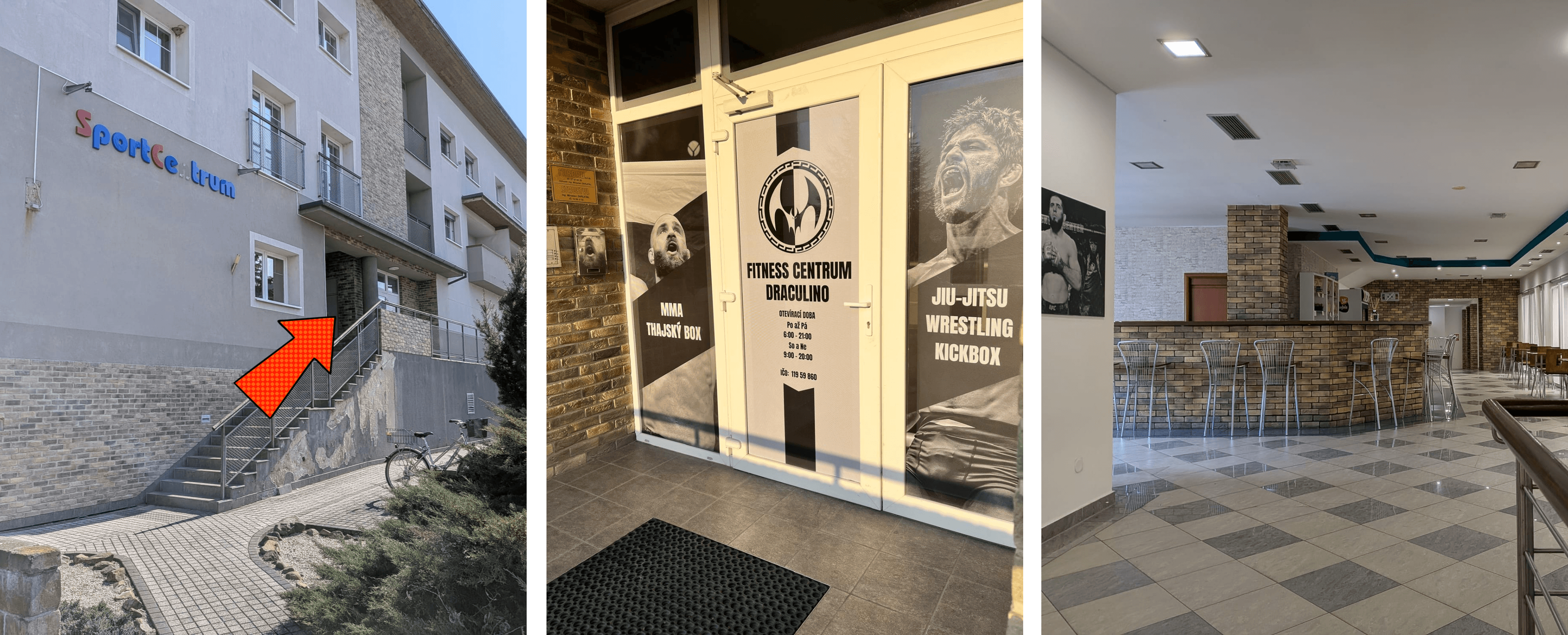 Návštěvníkům: cesta od budovy SportCentrum přes vchod až k recepci Draculino